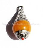 5 PENDANTS - Tibetan Amber Resin Drop Pendants with Tibetan Silver Caps - Handmade Tribal Ethnic Tibetan Pendant - WM2836-5