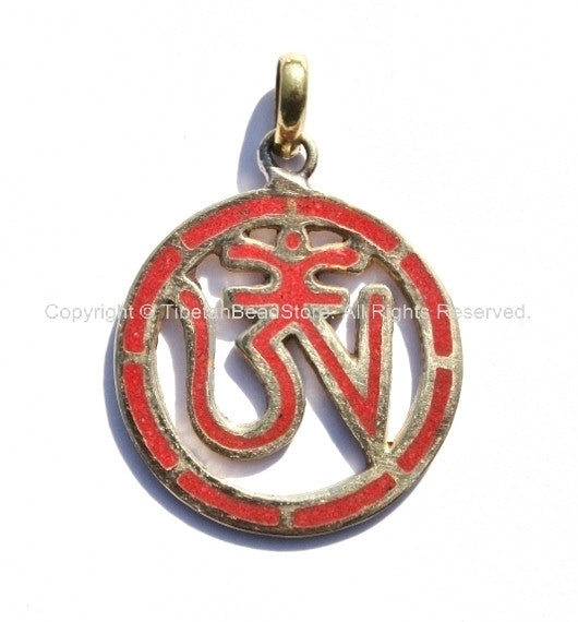 Carved Om Mantra Tibetan Pendant with Brass, Coral Inlay - WM1140