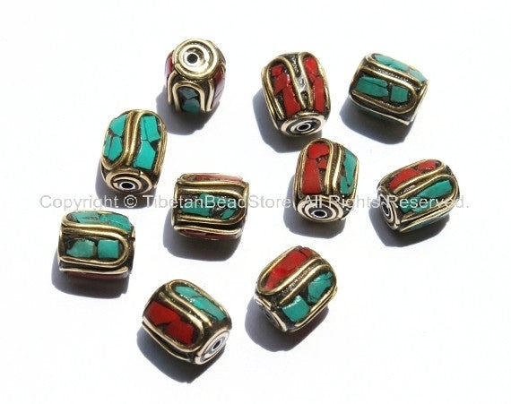 10 BEADS - Nepal Tibetan Brass Bead with Turquoise & Coral Inlay 10-12mm x 9-11mm -B1140-10