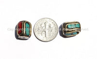 10 BEADS - Nepal Tibetan Brass Bead with Turquoise & Coral Inlay 10-12mm x 9-11mm -B1140-10