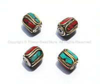 4 beads Nepal Tibetan Brass Bead with Turquoise & Coral Inlay 10-12mm x 9-11mm -B1140-4