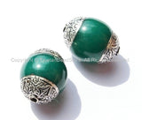 2 beads - Tibetan Green Copal Beads with Double Vajra Filigree Repousse Tibetan Silver Caps - Quality Ethnic Tibetan Unique Beads - B1393-2