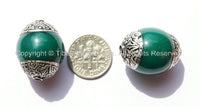 2 beads - Tibetan Green Copal Beads with Double Vajra Filigree Repousse Tibetan Silver Caps - Quality Ethnic Tibetan Unique Beads - B1393-2