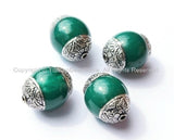 4 beads - Tibetan Green Copal Beads with Double Vajra Filigree Repousse Tibetan Silver Caps - Quality Ethnic Tibetan Unique Beads - B1393-4