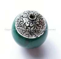4 beads - Tibetan Green Copal Beads with Double Vajra Filigree Repousse Tibetan Silver Caps - Quality Ethnic Tibetan Unique Beads - B1393-4