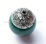 4 beads - Tibetan Green Copal Beads with Double Vajra Filigree Repousse Tibetan Silver Caps - Quality Ethnic Tibetan Unique Beads - B1393-4