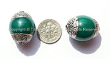 4 beads - Tibetan Green Copal Beads with Double Vajra Filigree Repousse Tibetan Silver Caps - Quality Ethnic Tibetan Unique Beads - B1393-4