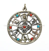 Tibetan Double Vajra and Mantra Carved Pendant with 3 Metals and Turquoise, Coral Inlay - Jewelry Beading Supplies Charms Pendants - WM309-1