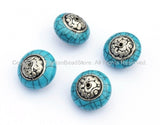 4 Beads - Tibetan Blue Crackle Resin Round Bead with Tibetan Silver Auspicious Conch Caps - Ethnic Beads - B896-Reg