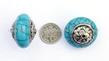 4 Beads - Tibetan Blue Crackle Resin Round Bead with Tibetan Silver Auspicious Conch Caps - Ethnic Beads - B896-Reg