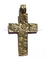 2 PENDANTS - Reversible Cross Pendants - Handmade Tibetan Brass Cross Pendants with Fish & Floral Details - WM2840-2