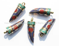 Tibetan Horn Tusk Amulet Pendant with Brass, Turquoise, Lapis & Coral Inlays - Boho Tribal Ethnic Tibetan Nepalese Horn Amulet - WM5020