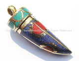 Tibetan Horn Tusk Amulet Pendant with Brass, Turquoise, Lapis & Coral Inlays - Boho Tribal Ethnic Tibetan Nepalese Horn Amulet - WM5020