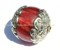 LARGE Tibetan Copal Resin Round Focal Bead with Thick Repousse Tibetan Silver Caps - 35mm x 40mm - Ethnic Beads - B1982