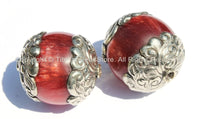 LARGE Tibetan Copal Resin Round Focal Bead with Thick Repousse Tibetan Silver Caps - 35mm x 40mm - Ethnic Beads - B1982