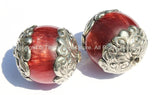 LARGE Tibetan Copal Resin Round Focal Bead with Thick Repousse Tibetan Silver Caps - 35mm x 40mm - Ethnic Beads - B1982