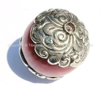 LARGE Tibetan Copal Resin Round Focal Bead with Thick Repousse Tibetan Silver Caps - 35mm x 40mm - Ethnic Beads - B1982