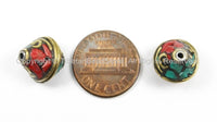 2 BEADS Tibetan Bicone Shape Brass Beads with Turquoise, Coral Inlays - TibetanBeadStore Brass Inlay Beads- Nepal Tibetan Beads - B2756-2