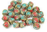 2 BEADS Tibetan Bicone Shape Brass Beads with Turquoise, Coral Inlays - TibetanBeadStore Brass Inlay Beads- Nepal Tibetan Beads - B2756-2