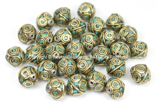 10 BEADS Tibetan Brass Beads with Turquoise Inlays - Beads- TibetanBeadStore Ethnic Tribal Brass Inlay Beads- Nepal Tibetan Beads - B2766-10 - TibetanBeadStore