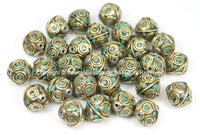 Tibetan Brass Beads with Turquoise Inlays - 4 BEADS - TibetanBeadStore Ethnic Tribal Brass Inlay Beads- Nepal Tibetan Beads - B2766-4