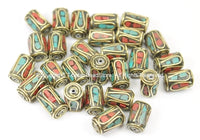 2 BEADS Tibetan Barrel Tube Shape Brass Beads with Turquoise, Coral inlay- TibetanBeadStore- Brass Inlay Beads- Nepal Tibetan Bead-  B2753-2