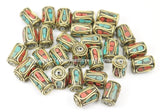 2 BEADS Tibetan Barrel Tube Shape Brass Beads with Turquoise, Coral inlay- TibetanBeadStore- Brass Inlay Beads- Nepal Tibetan Bead-  B2753-2