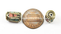 2 BEADS Tibetan Barrel Tube Shape Brass Beads with Turquoise, Coral inlay- TibetanBeadStore- Brass Inlay Beads- Nepal Tibetan Bead-  B2753-2