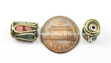 4 BEADS Tibetan Barrel Tube Shape Brass Beads with Turquoise, Coral inlay- TibetanBeadStore- Brass Inlay Beads- Nepal Tibetan Bead-  B2753-4