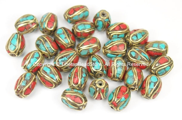 10 BEADS Tibetan Beads with Brass, Turquoise, Coral Inlays- TibetanBeadStore Ethnic Tribal Brass Inlay Beads- Nepal Tibetan Beads - B2759-10
