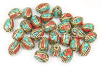 4 BEADS Tibetan Beads with Brass, Turquoise, Coral Inlays- TibetanBeadStore Ethnic Tribal Brass Inlay Beads- Nepal Tibetan Beads - B2759-4