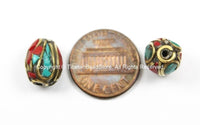 4 BEADS Tibetan Beads with Brass, Turquoise, Coral Inlays- TibetanBeadStore Ethnic Tribal Brass Inlay Beads- Nepal Tibetan Beads - B2759-4