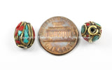 2 BEADS Tibetan Beads with Brass, Turquoise, Coral Inlays- TibetanBeadStore Ethnic Tribal Brass Inlay Beads- Nepal Tibetan Beads - B2759-2