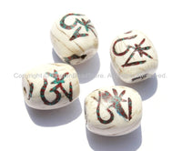 4 BEADS - Tibetan "OM" Mantra Naga Conch Shell Drum Barrel Shape Beads with Turquoise & Coral Inlay - Om Shell Beads - Om Beads - B2574-4
