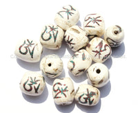4 BEADS - Tibetan "OM" Mantra Naga Conch Shell Drum Barrel Shape Beads with Turquoise & Coral Inlay - Om Shell Beads - Om Beads - B2574-4