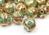 4 BEADS BIG Nepal Tibetan Brass Inlay Beads - Brass, Turquoise, Coral Inlays- TibetanBeadStore Tibetan Beads Jewelry Supplies - B2772-4