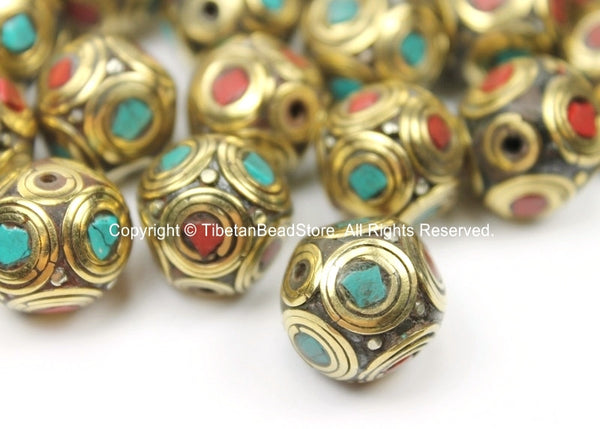 4 BEADS BIG Nepal Tibetan Brass Inlay Beads - Brass, Turquoise, Coral Inlays- TibetanBeadStore Tibetan Beads Jewelry Supplies - B2772-4