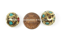 4 BEADS BIG Nepal Tibetan Brass Inlay Beads - Brass, Turquoise, Coral Inlays- TibetanBeadStore Tibetan Beads Jewelry Supplies - B2772-4