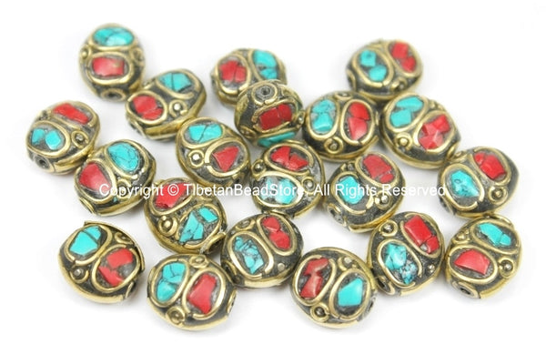 4 BEADS Nepal Tibetan Beads with Brass, Turquoise, Coral Inlays - TibetanBeadStore - Brass Inlay Beads Nepal Tibetan Beads  B2763-4