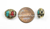 4 BEADS Nepal Tibetan Beads with Brass, Turquoise, Coral Inlays - TibetanBeadStore - Brass Inlay Beads Nepal Tibetan Beads  B2763-4