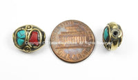 2 BEADS Nepal Tibetan Beads with Brass, Turquoise, Coral Inlays - TibetanBeadStore - Brass Inlay Beads Nepal Tibetan Beads  B2763-2