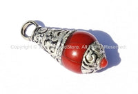 Tibetan Red Crackle Resin Charm Pendant with Tibetan Silver Caps & Copal Accent - WM1181-1