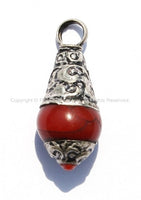 Tibetan Red Crackle Resin Charm Pendant with Tibetan Silver Caps & Copal Accent - WM1181-1