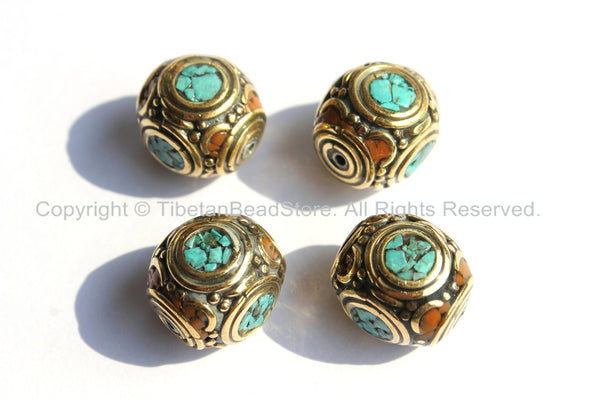 4 Beads - Tibetan Thick Cube Beads with Brass, Turquoise & Red Copal Inlays - Box Boxy Square Cube Shaped Thick Inlay Beads -  B2223-4