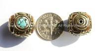 2 Beads - Tibetan Thick Cube Beads with Brass, Turquoise & Red Copal Inlays - Box Boxy Square Cube Shaped Thick Inlay Beads -  B2223-2