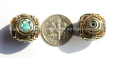 2 Beads - Tibetan Thick Cube Beads with Brass, Turquoise & Red Copal Inlays - Box Boxy Square Cube Shaped Thick Inlay Beads -  B2223-2