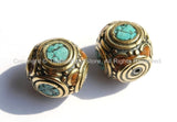 2 Beads - Tibetan Thick Cube Beads with Brass, Turquoise & Red Copal Inlays - Box Boxy Square Cube Shaped Thick Inlay Beads -  B2223-2