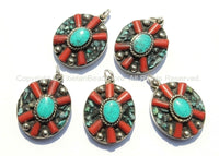 2 PENDANTS - Tibetan Flower Pendants with Turquoise & Coral Inlays - Tibetan Pendant - Boho Ethnic Tribal Tibetan Jewelry - WM6071-2
