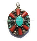 2 PENDANTS - Tibetan Flower Pendants with Turquoise & Coral Inlays - Tibetan Pendant - Boho Ethnic Tribal Tibetan Jewelry - WM6071-2