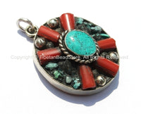 Tibetan Flower Pendant with Turquoise & Coral Inlays - Tibetan Pendant - Boho Ethnic Tribal Tibetan Jewelry - WM6071